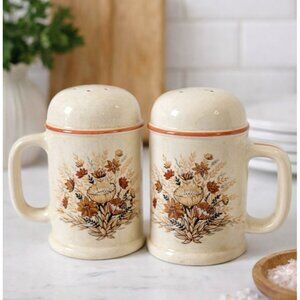 Vintage Made In Japan Ceramic Salt & Pepper Shakers With Floral Design & Handle